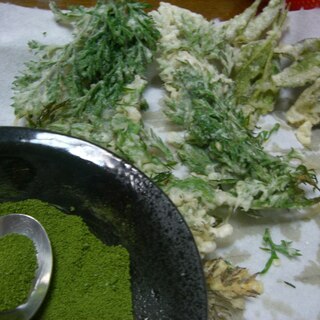抹茶塩と人参の葉の天ぷら